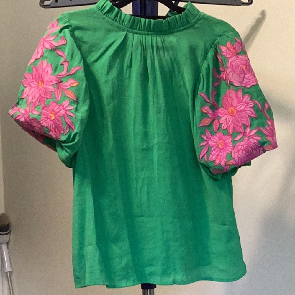 THML Green Blouse with Pink Floral Embroidery